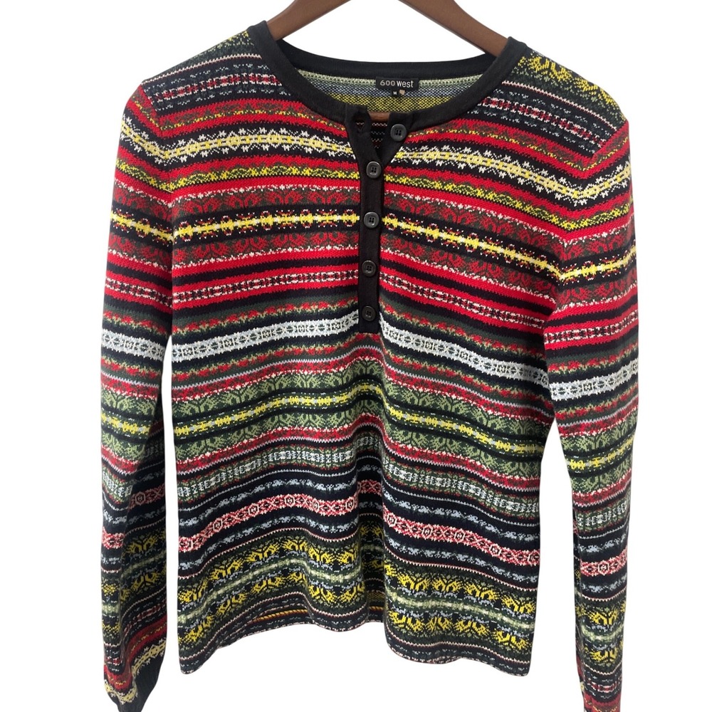 600 West Women's M Multi Fair Isle Knit Henley Sweater M Fisherman Grannycore